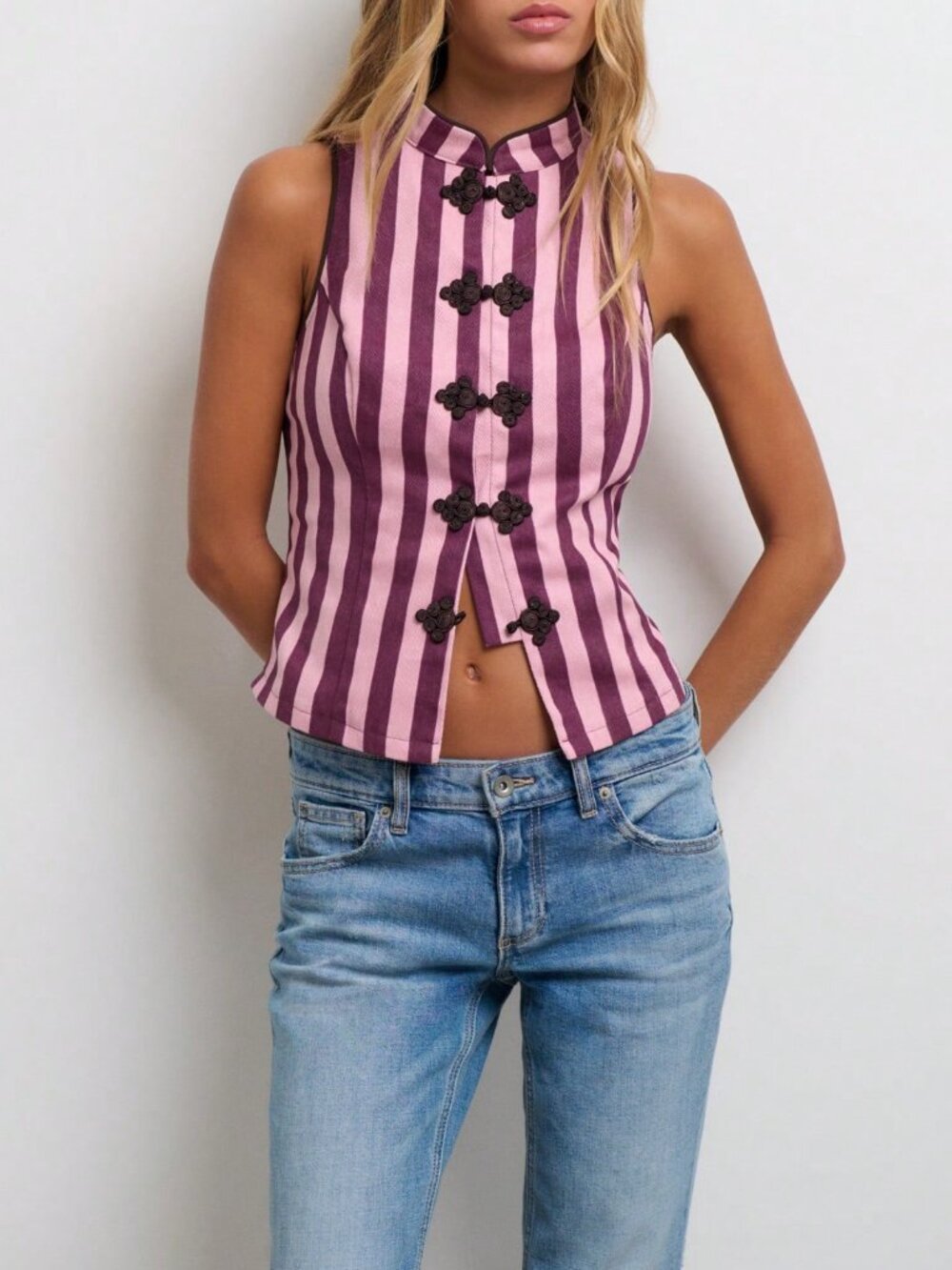 Pink Casual Women's Sleeveless Striped Top With Frog Buttons